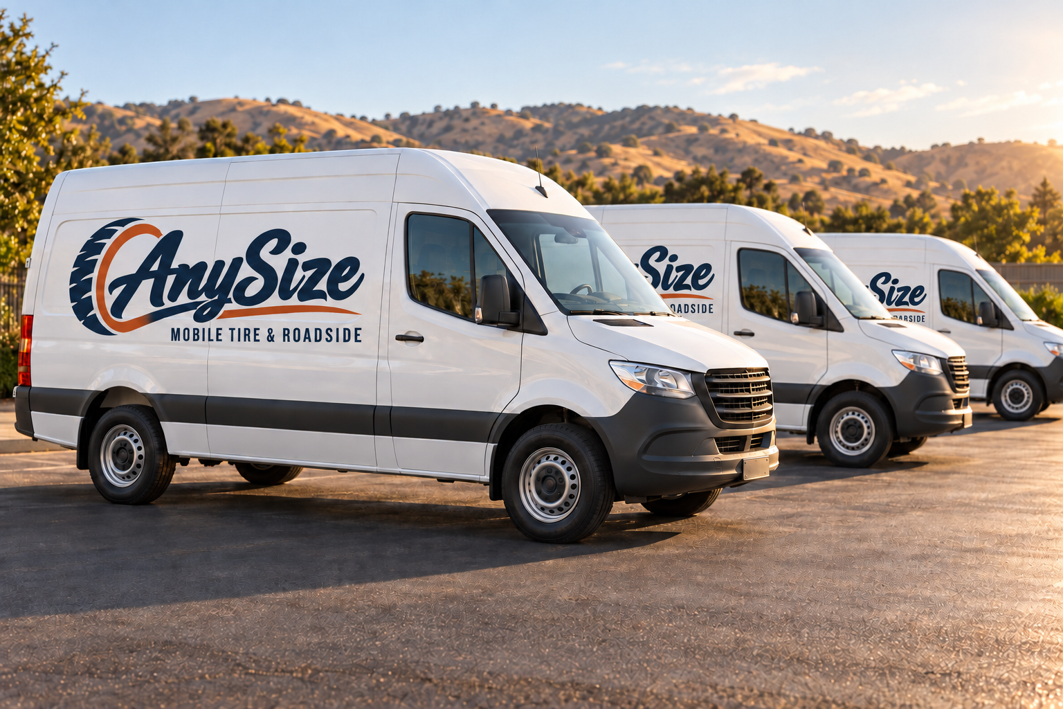 Three white service vans with the navy-and-copper AnySize logo, illustrative brand image